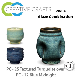 Textured Turquoise PC-25 over Blue Midnight PC-12 Pottery Cone 5 Glaze Combination